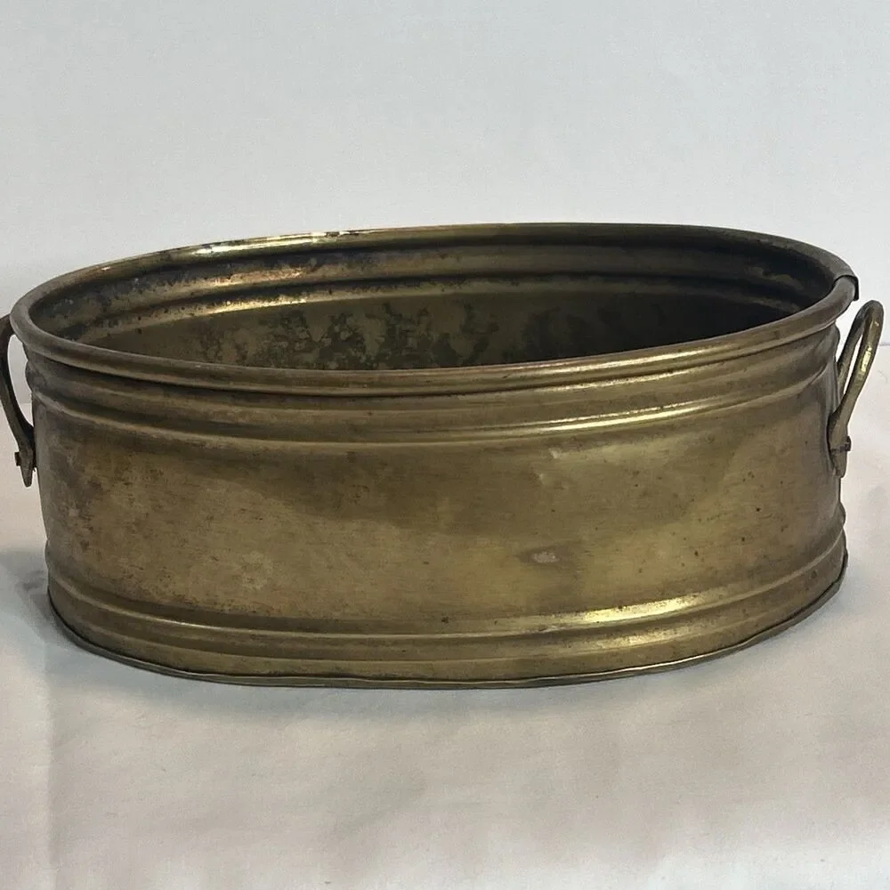 Vintage MCM Brass Oval Planter w Handles and Scallop Shell 8x5.5 Patina Nautical